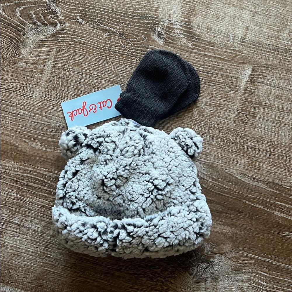 Cat & Jack NWT Sherpa Bear Ear Hat and Black Mittens size NB - Picture 4 of 4